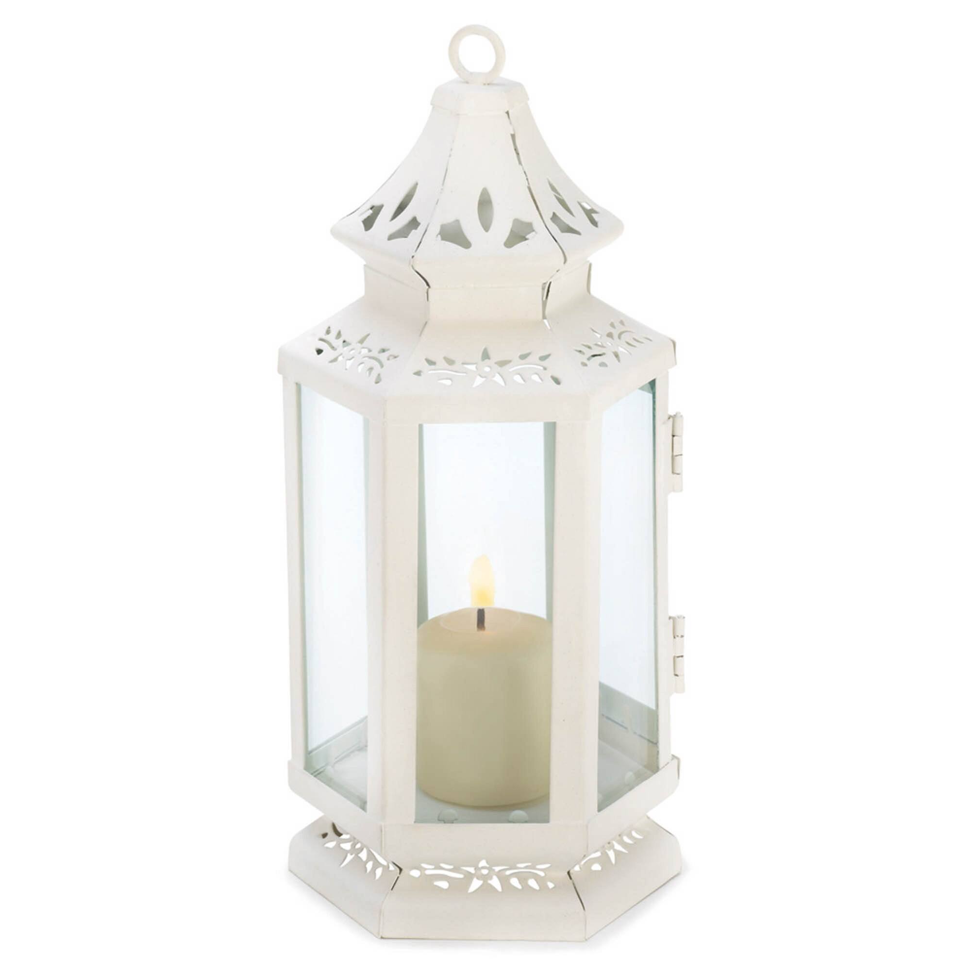 8" White Metal Victorian Lantern with Floral Cutouts